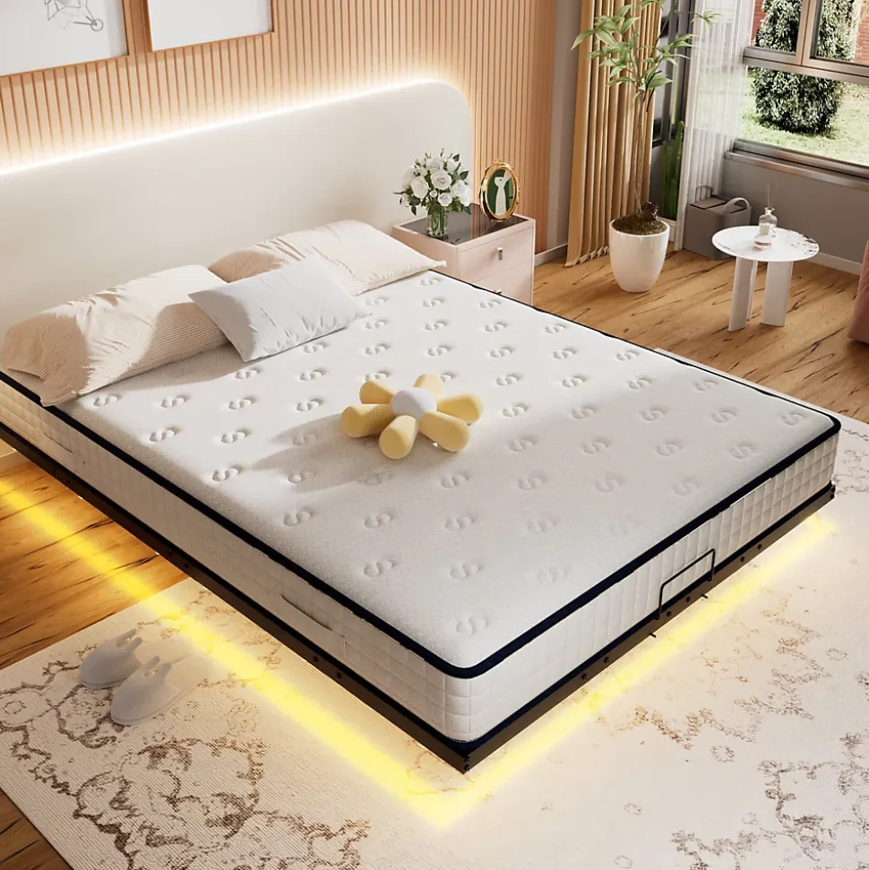 Ensemble matelas LED 140x190 cm - matelas en mousse de 22 cm d'épaisseur + cadre de lit en métal avec éclairage LED