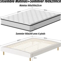 Ensemble 160x200 cm Matelas en Mousse+ Lit Sommier Tapissier Déco, Epaisseur du Matelas 22cm