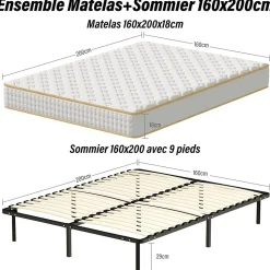 Ensemble 140x190 cm Matelas Mousse + Sommier à Lattes, Epaisseur du Matelas 18 cm