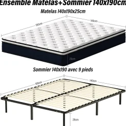 Ensemble 140x190cm Matelas à ressorts +Sommier à Lattes sur Pieds, Epaisseur du Matelas 25cm