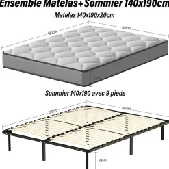 Ensemble 140x190cm Matelas à ressorts +Sommier à Lattes sur Pieds, Epaisseur du Matelas 20cm