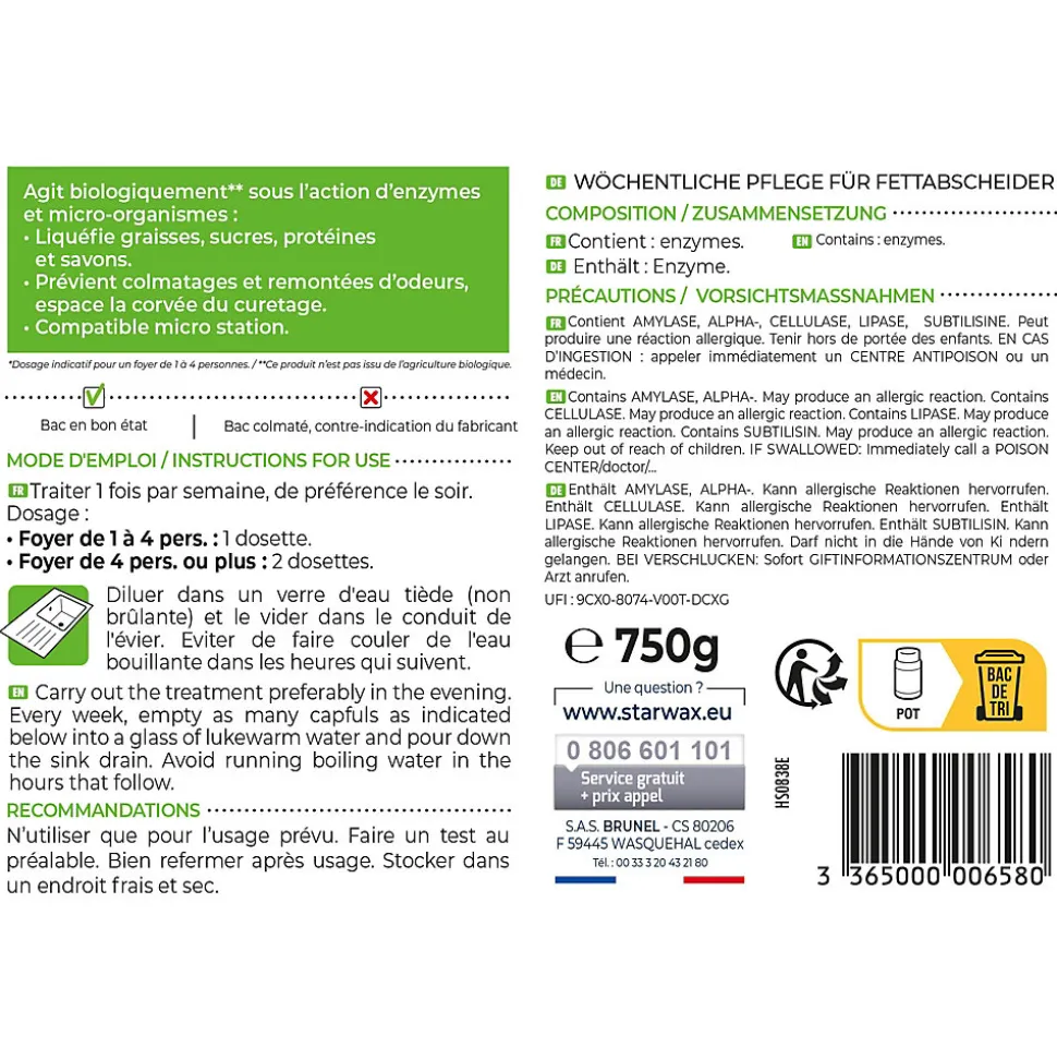 Entretien hebdomadaire bac à graisses 750g, Starwax