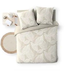 Housse de couette 240 x 220 cm coton 57 fils imprimé feuillage AMANDA Naturel + 2 taies