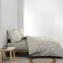 Housse de couette 240 x 220 cm coton 57 fils imprimé feuillage AMANDA Naturel + 2 taies