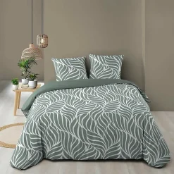 Housse de couette 240 x 220 cm imprimée 57 fils MORGANE Sauge 2 taies incluses