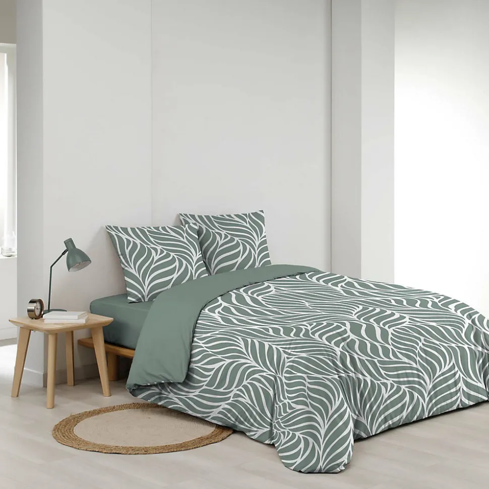 Housse de couette 240 x 220 cm imprimée 57 fils MORGANE Sauge 2 taies incluses