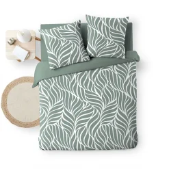 Housse de couette 240 x 220 cm imprimée 57 fils MORGANE Sauge 2 taies incluses
