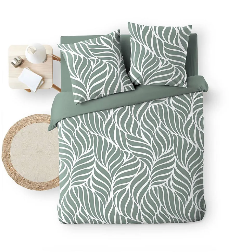 Housse de couette 240 x 220 cm imprimée 57 fils MORGANE Sauge 2 taies incluses