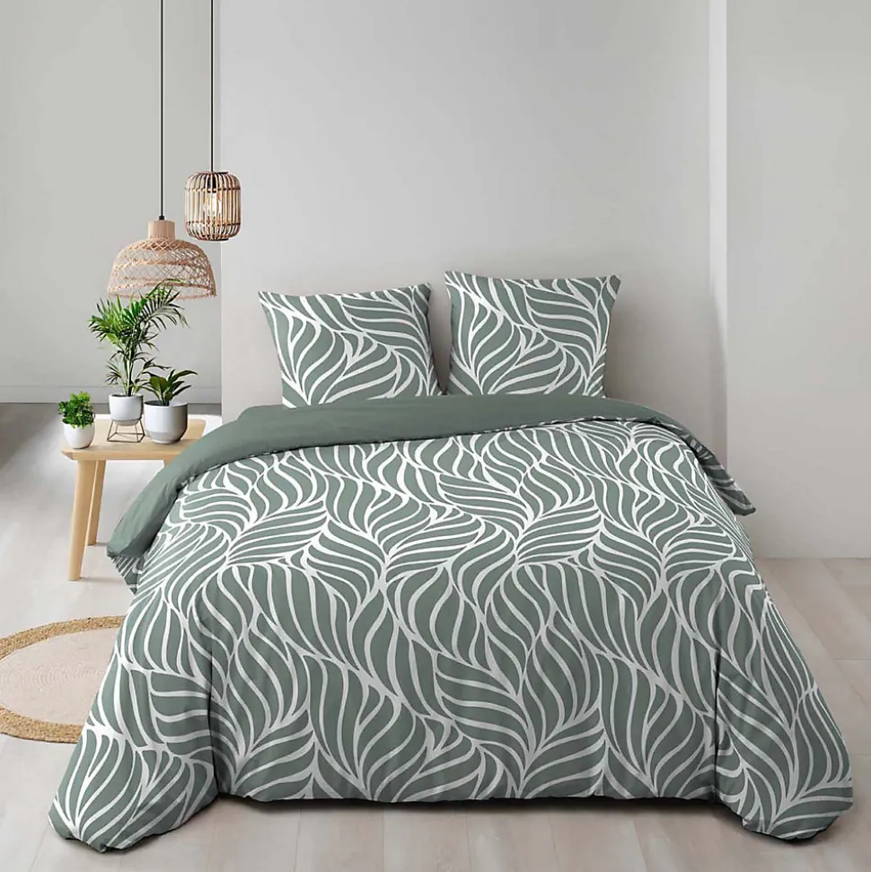 Housse de couette 240 x 220 cm imprimée 57 fils MORGANE Sauge 2 taies incluses