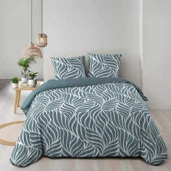 Housse de couette 240 x 220 cm imprimée 57 fils MORGANE Bleu 2 taies incluses