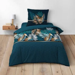 Housse de couette 140 x 200 cm en coton Alianor Bleu Imprimé tropical chic
