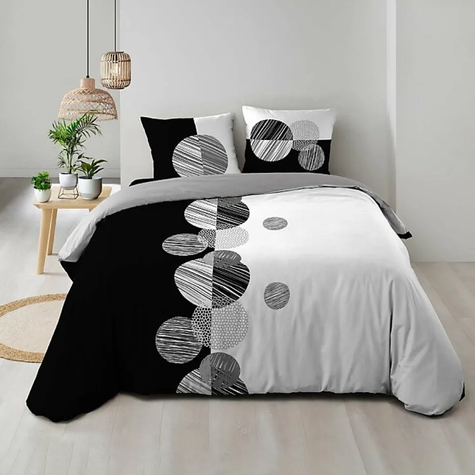 Housse de Couette 240 x 220 cm + 2 Taies 100 % Coton 57 Fils Stormi Noir & Blanc
