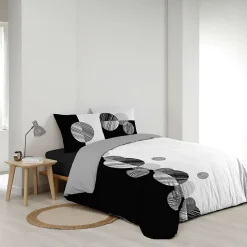 Housse de Couette 240 x 220 cm + 2 Taies 100 % Coton 57 Fils Stormi Noir & Blanc
