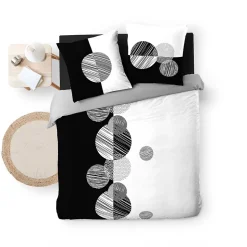 Housse de Couette 240 x 220 cm + 2 Taies 100 % Coton 57 Fils Stormi Noir & Blanc