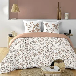 Housse de couette 240 x 220 cm coton 57 fils MAIWEN Mocha + 2 taies Motif végétal