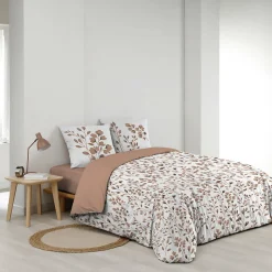 Housse de couette 240 x 220 cm coton 57 fils MAIWEN Mocha + 2 taies Motif végétal