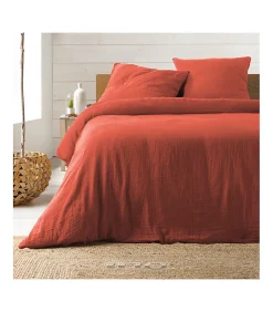 Housse de couette double gaze coton uni Terracotta - 220x240cm - Terre cuite