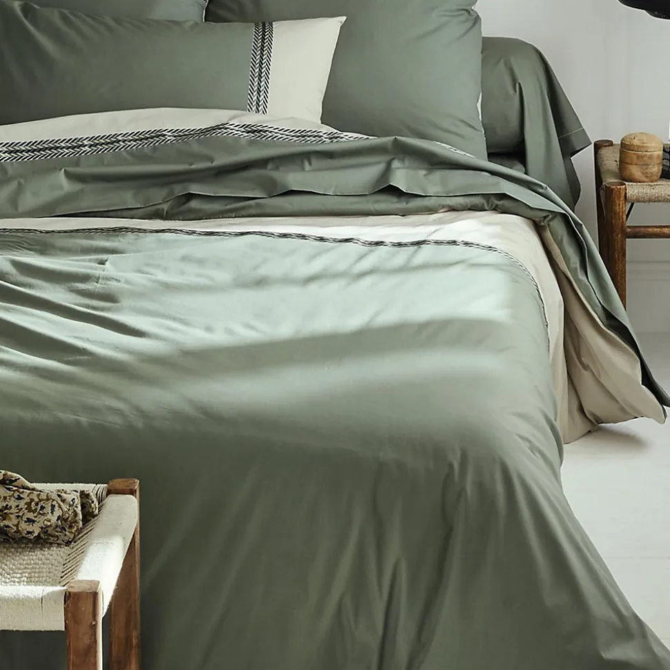 Housse de couette en percale de coton au galon géométrique (260x240 cm - Vert Olive)