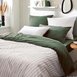 Housse de couette en percale de coton à rayures (240x220 cm - Vert Olive)