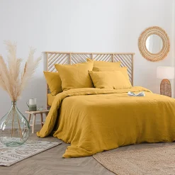 Housse de couette Linah - jaune ocre - lin lavé 240x220 cm - Atmosphera