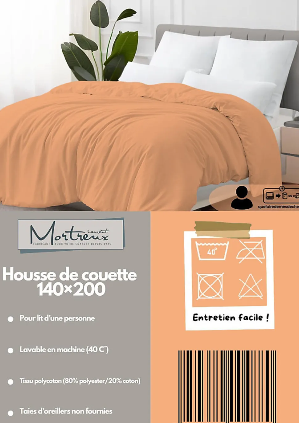 Housse de couette Polycoton Pêche - 1 personne 140 x 200 - 488-3