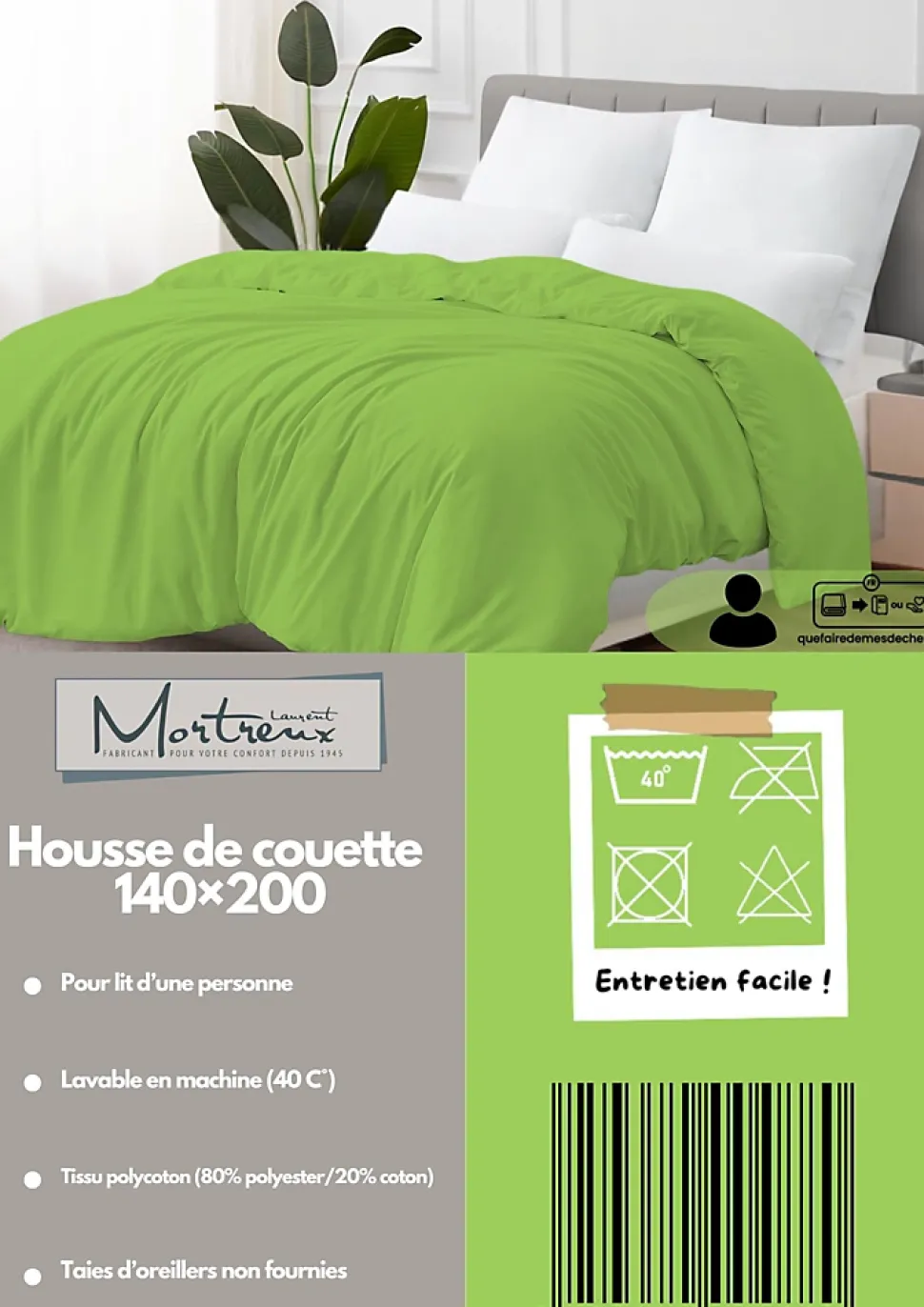 Housse de couette Polycoton Verte - 1 personne 140 x 200 - 488-2