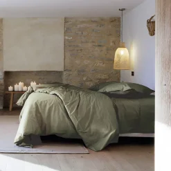 Housse de couette uni 240x220 cm percale de coton MANOIR vert Mousse