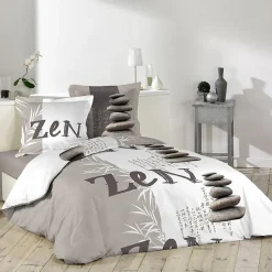 Housse de couette 240x220 + 2 taies Galets Zen coton 42 fils