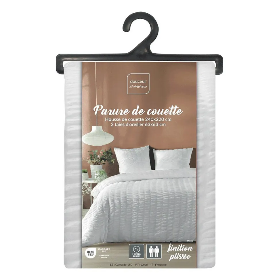 Housse de couette 240x220 + 2 taies plissée blanche