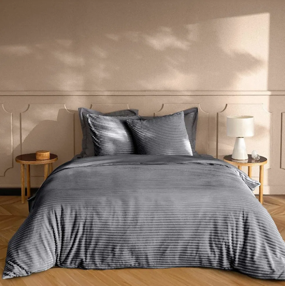Housse de couette 240x220 + 2 taies anthracite finition flanelle