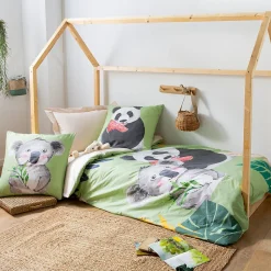 Housse de couette 140x200 cm en 100% percale de coton PANDA vert