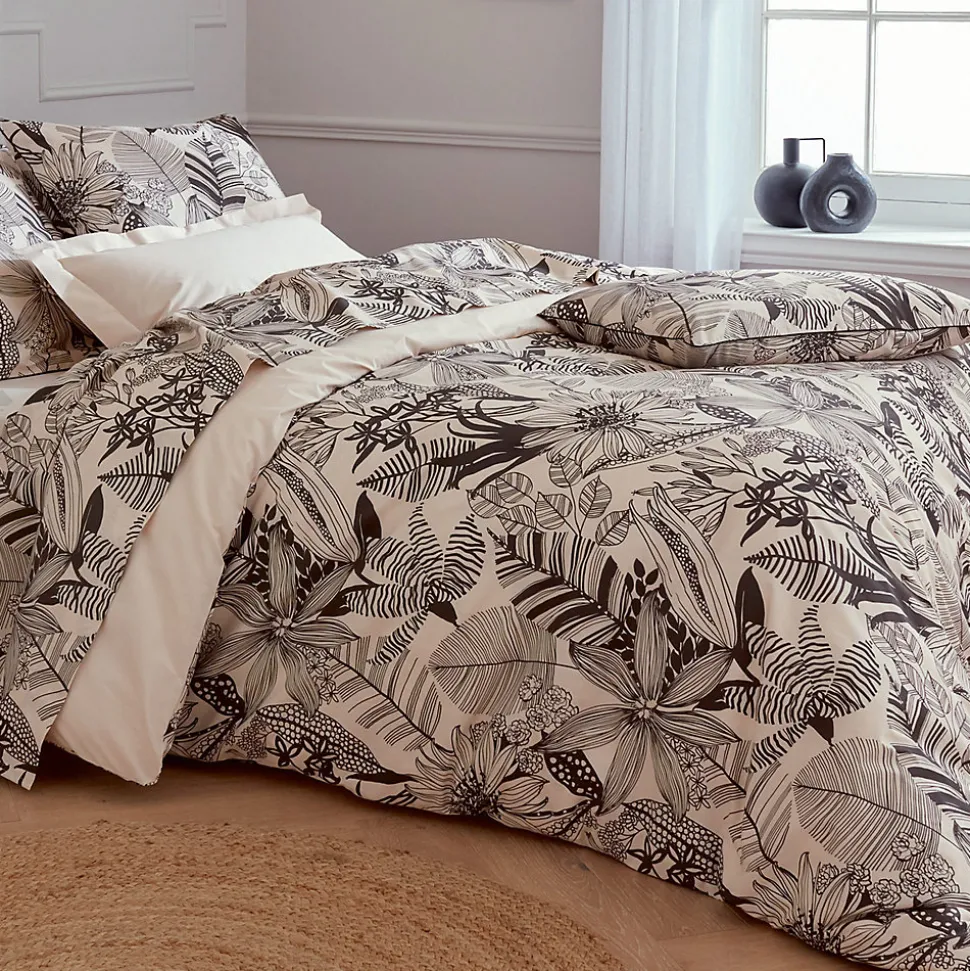 Housse de couette 300x240 cm percale de coton ALBA beige/noir