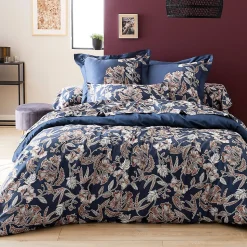 Housse de couette 260x240 cm satin de coton BOTANIC bleu Nuit