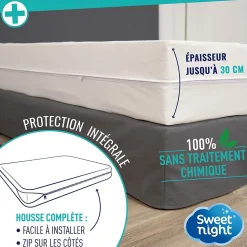 Housse intégrale matelas - Anti-Punaise de lit - Fermeture à glissière - Sans traitement chimique - Ep. jusqu'à 30 cm