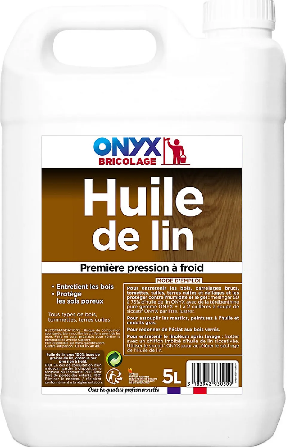 Huile de lin entretien, protection bois, carrelages, tomettes Onyx 5L