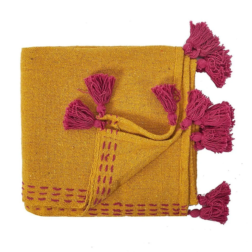 Jeté de canapé surpiqué pompons jaune 130x150 cm