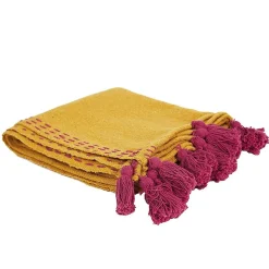 Jeté de canapé surpiqué pompons jaune 130x150 cm