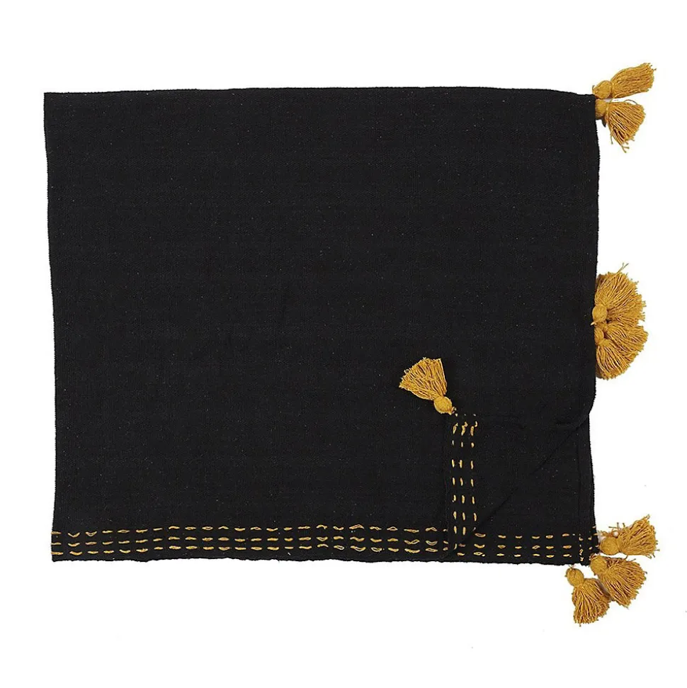 Jeté de canapé surpiqué pompons noir 130x150 cm