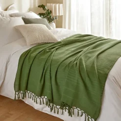 Jeté de lit Anjali 220x160 vert kaki en coton - Atmosphera