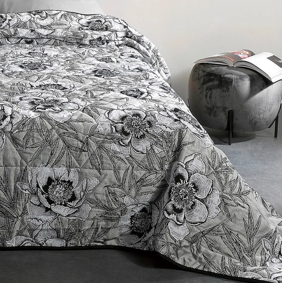 Jeté de lit aux impressions florales (240x260 cm - Gris Perle)