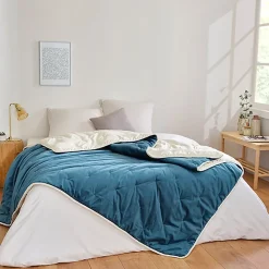 Jeté de lit réversible en velours et microfibre (150x200 cm - Bleu Paon)