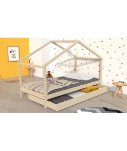 KOALA Lit cabane enfant avec tiroir - Bois pin massif - Naturel - Sommier inlcus - 90x190cm