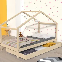 KOALA Lit cabane enfant avec tiroir - Bois pin massif - Naturel - Sommier inlcus - 90x190cm