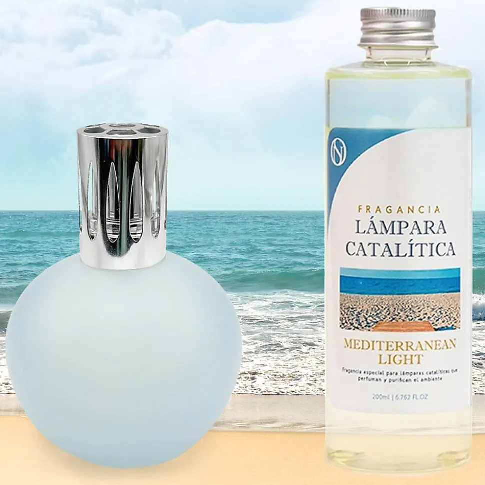 Lampe catalytique Bleu Gris Mat + Parfum Mediterranean Light 200ml. Élimine mauvaises odeurs, parfume et améliore qualité de air
