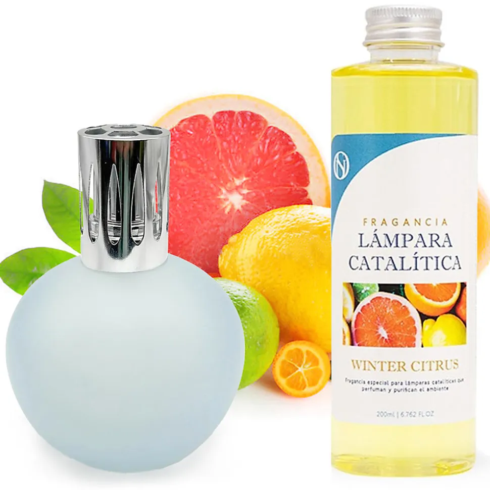 Lampe catalytique Bleu Gris Mat + Arôme Winter Citrus 200 ml - Élimine mauvaises odeurs, parfume et améliore la qualité de l'air