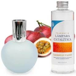 Lampe catalytique Bleu-Gris Mat + Parfum Caribbean Passion 500ml. Élimine mauvaises odeurs, parfume et améliore qualité de l'air