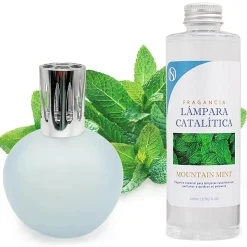 Lampe catalytique Bleu-Gris Mat + Arôme Mountain Mint 500 ml - Élimine mauvaises odeurs, parfume et améliore la qualité de l'air