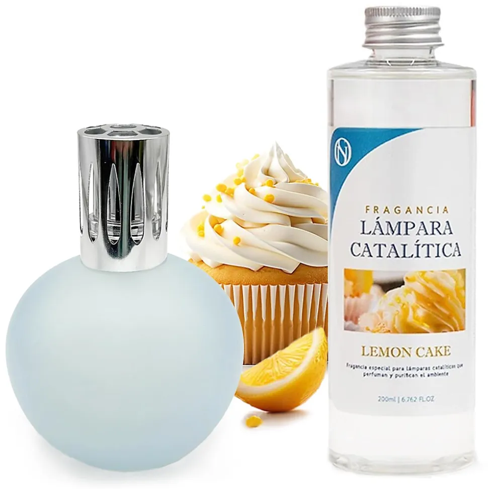 Lampe catalytique Bleu-Gris Mat + Parfum Lemon Cake 500 ml - Élimine les mauvaises odeurs, parfume et améliore la qualité de l'air