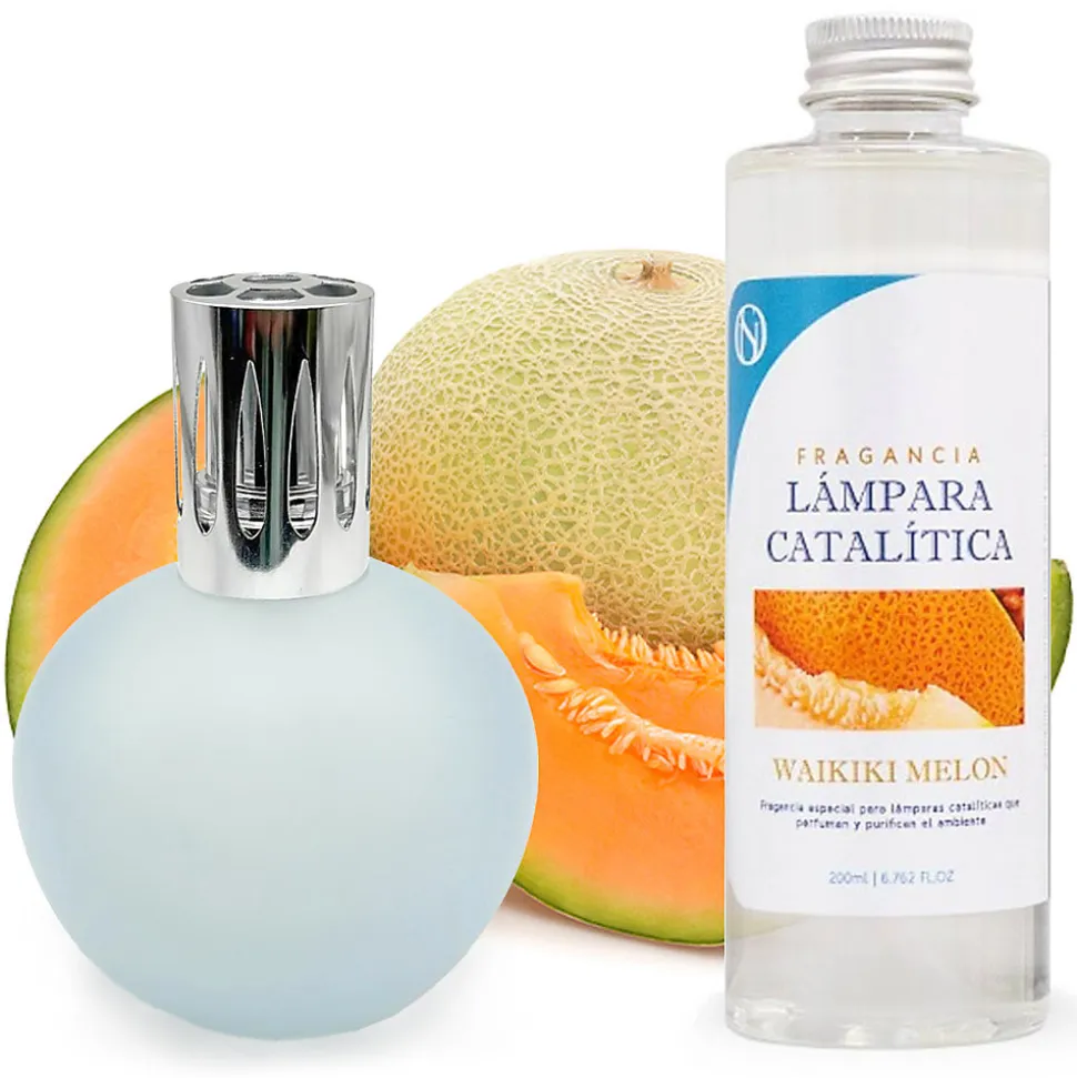 Lampe catalytique Bleu-Gris Mat + Arôme Waikiki Melon 500 ml - Élimine mauvaises odeurs, parfume et améliore la qualité de l'air