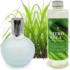 Lampe catalytique Bleu-Gris Mat + Parfum Citronnelle 500 ml - Élimine mauvaises odeurs, parfume et améliore la qualité de l'air